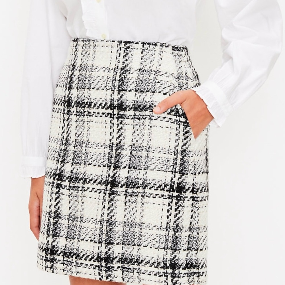 Loft black and white plaid tweed pocket skirt size 14